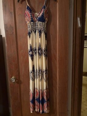 Boho Cream and Navy Printed Maxi Dress